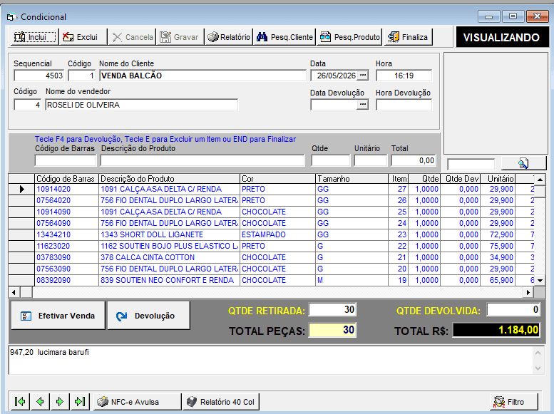 Tela de venda condicional do Pratic PDV