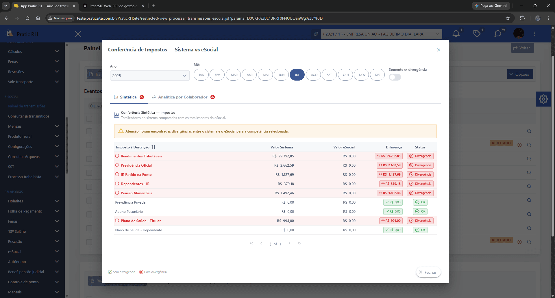 Tela de conferência de impostos entre sistema e eSocial do Pratic RH na nuvem