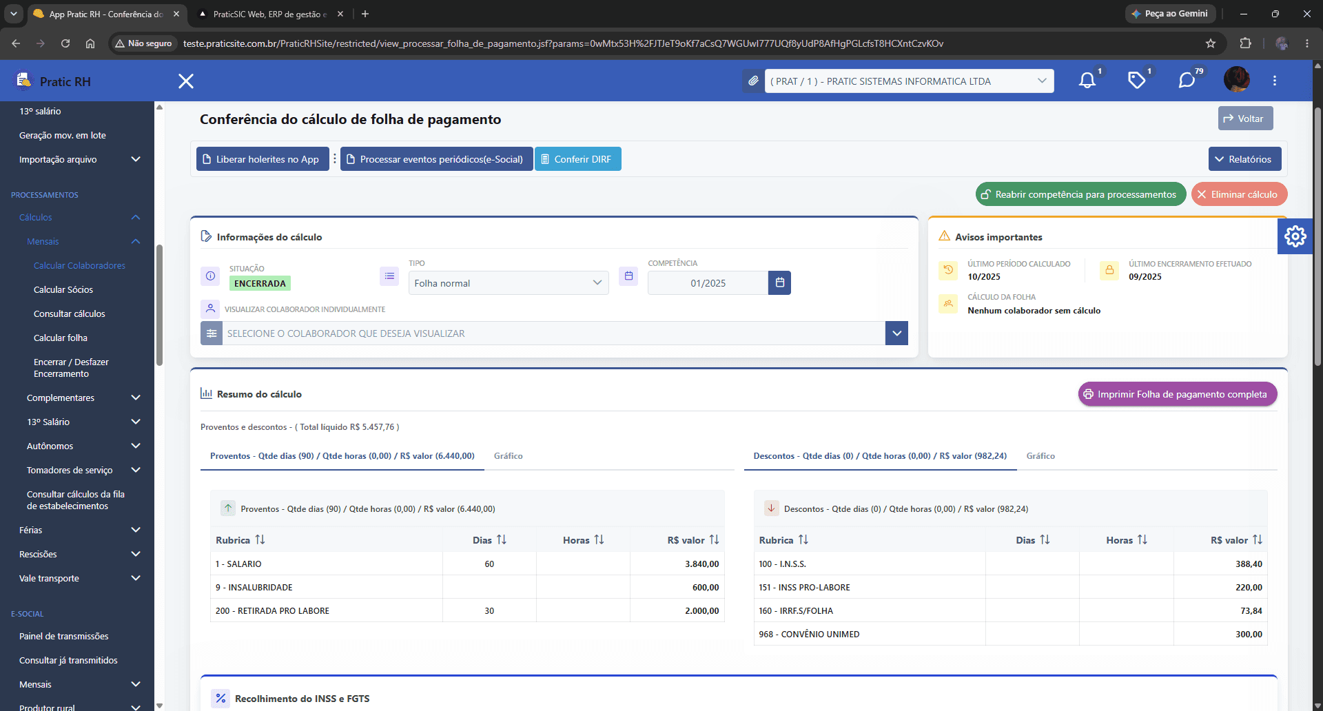 Tela de conferência do cálculo da folha de pagamento do Pratic RH na nuvem