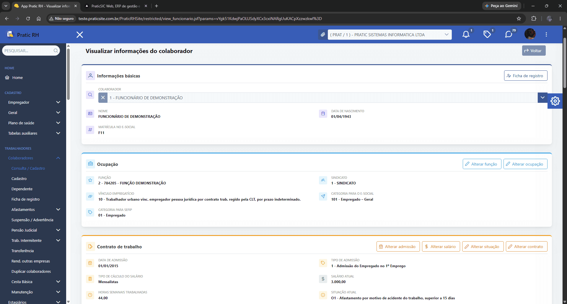 Tela de visualização de dados do colaborador do Pratic RH na nuvem