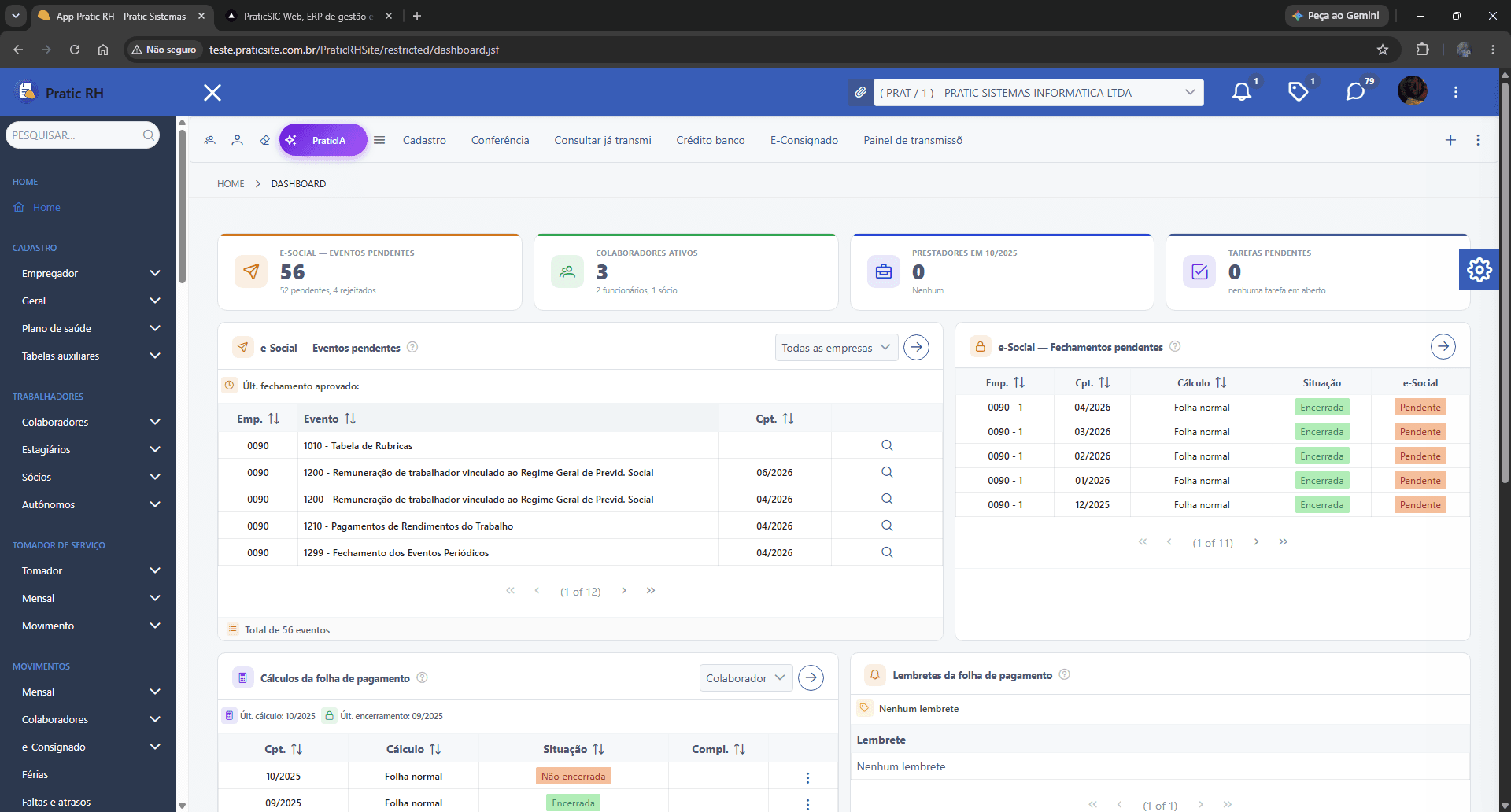 Tela de painel inicial (dashboard) do Pratic RH na nuvem