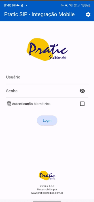 Tela de login do App Pratic SIP