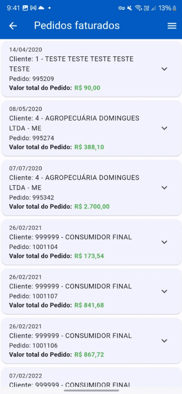 Tela de pedidos faturados do App Pratic SIP com cliente, número do pedido e valor total