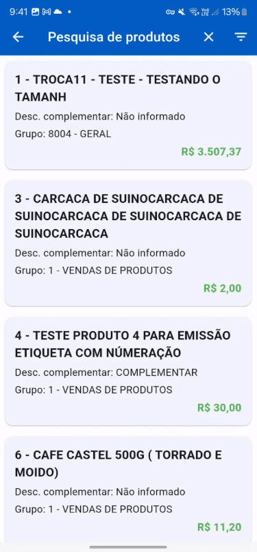 Tela de pesquisa de produtos do App Pratic SIP com descrição, grupo e preço