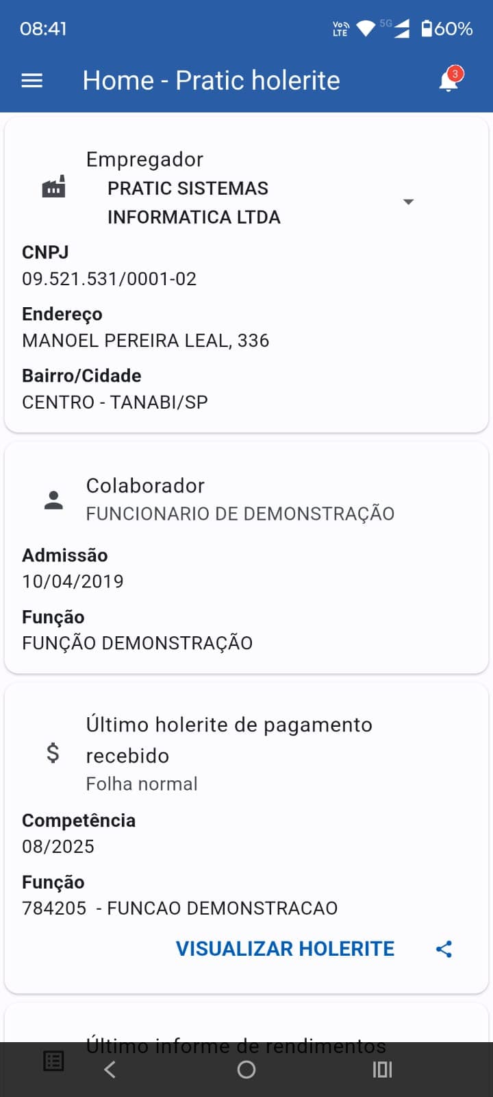 Tela inicial do App Pratic Holerite com dados do empregador, do colaborador e do último holerite recebido