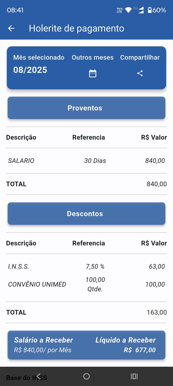 Tela de holerite de pagamento do App Pratic Holerite com proventos, descontos e valor líquido