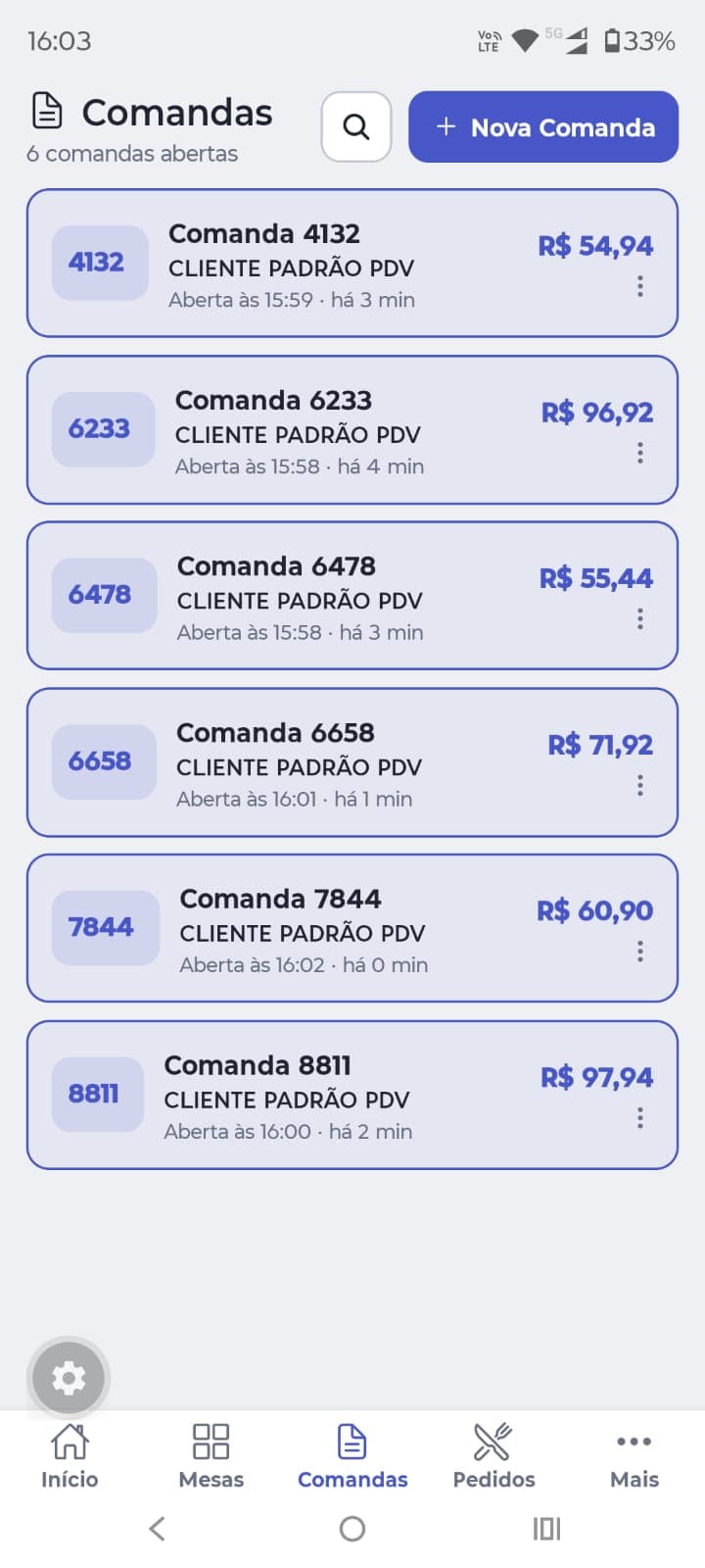 Tela de comandas abertas com valores e horário de abertura