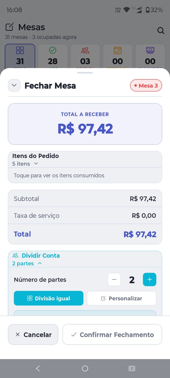 Tela de fechamento de mesa com divisão de conta em partes iguais ou personalizada